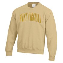 Vegas gold WVU crew sweatshirt with a West Virginia arched in suede puff on front